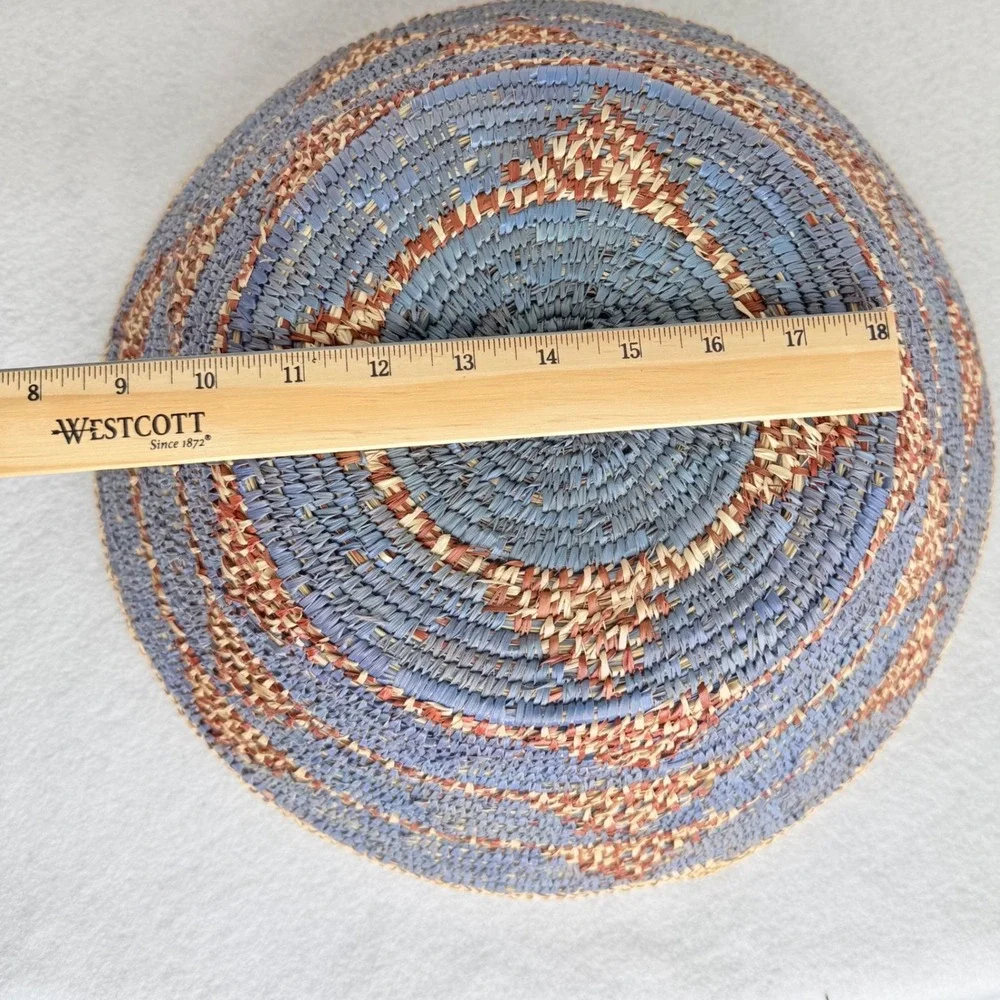 Large Handwoven Coil Basket Bowl Blue Geometric Boho African Decor 15 in Vintae‎